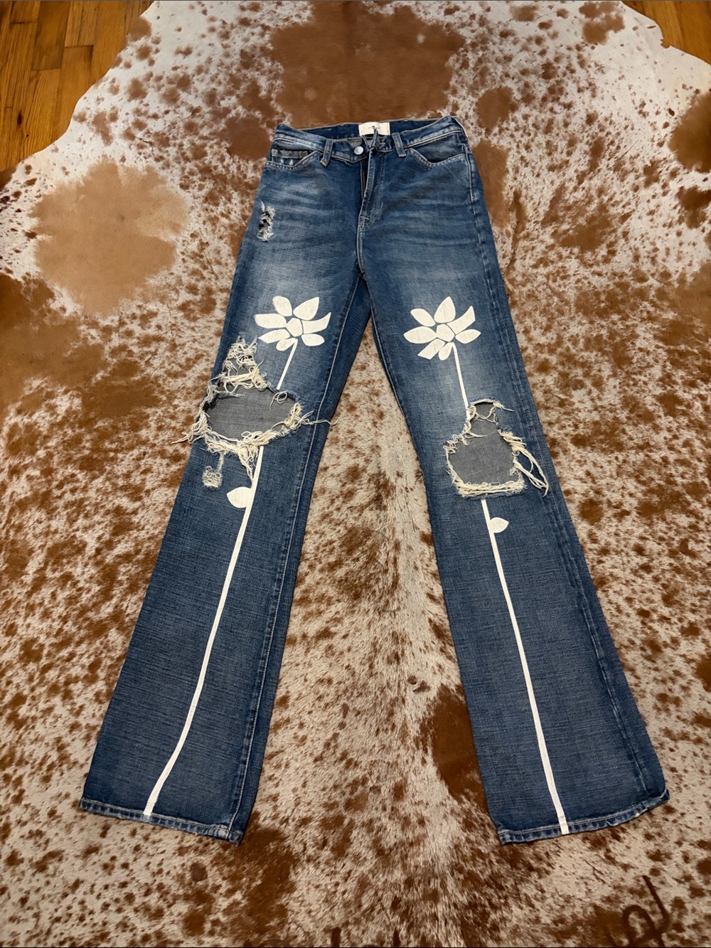 7 For All Mankind Blue Flare Jeans with White Floral Print